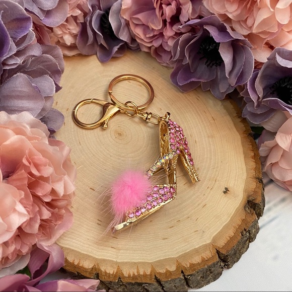 Pink Crystal High Heel Sandal with Pink Pom Pom Keychain Charm - Picture 9 of 11